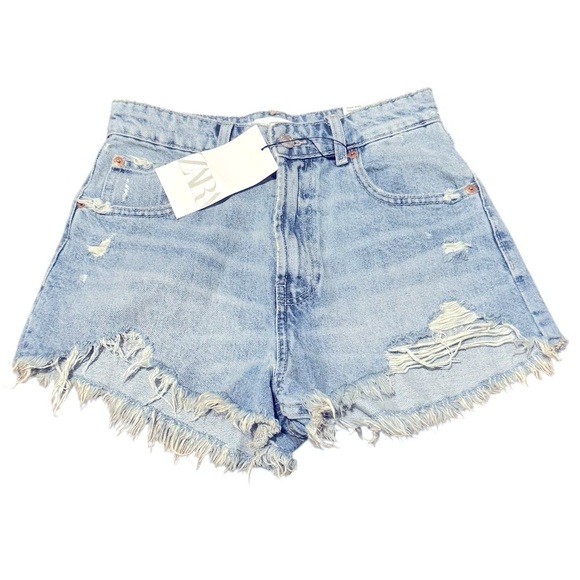 Zara Womens Blue Jean Denim High Rise Curved Shorts Size 2 Distressed Frayed Hem - Picture 1 of 9